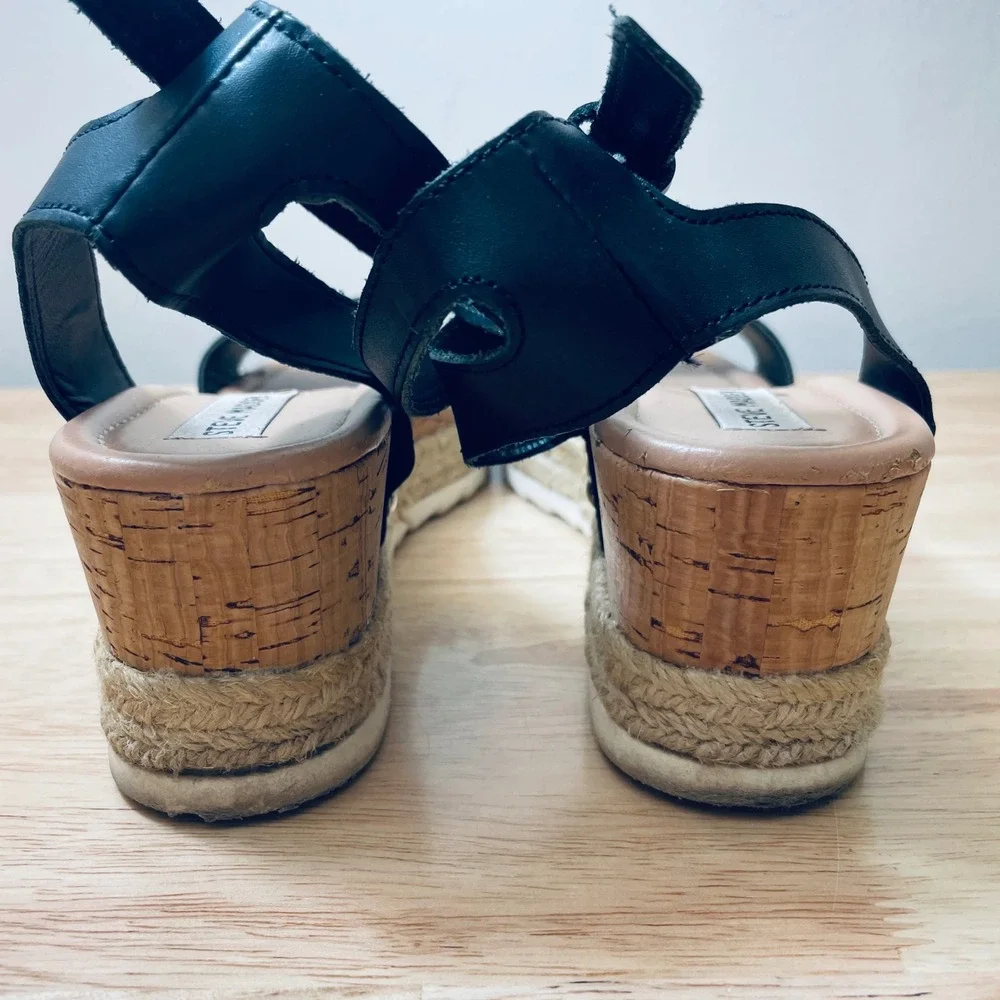 Steve‎ Madden Jewell Black Leather Cork Wedge Espadrille Sandals Women's 9.5M